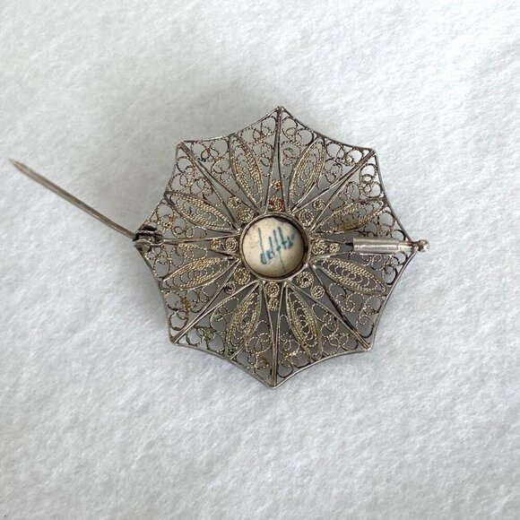 VTG Sterling Silver 925 1.71" Domed Signed Delft Filigree Spun Silver Brooch - Picture 4 of 16